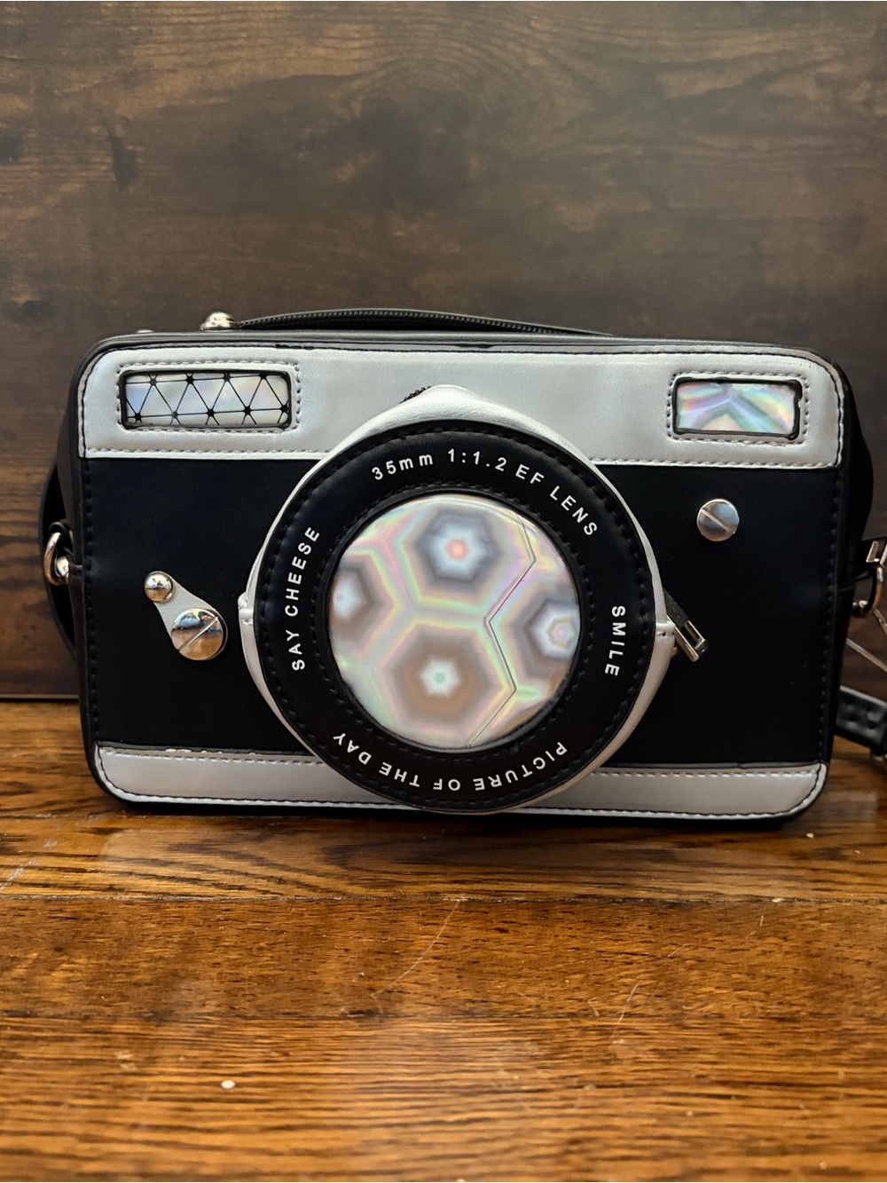 Camera-Shaped Crossbody Bag in Black, White & Holographic